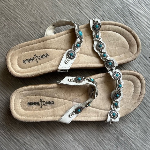 [10] Minnetonka Boca Edge Western White Strap Sandal with Turquoise Jewels Women - Picture 6 of 12